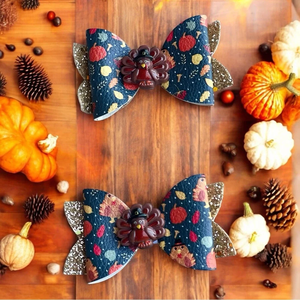 Turkey 🦃 pumpkin spice faux leather hair bow for kids